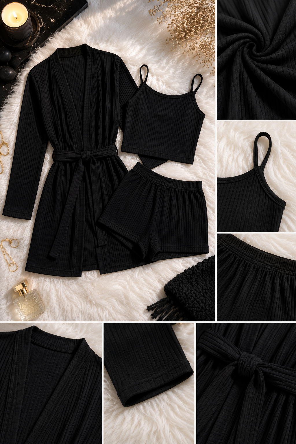 Ensemble Femme 3 Pièces Premium | Peignoir + Top + Short - Naiali