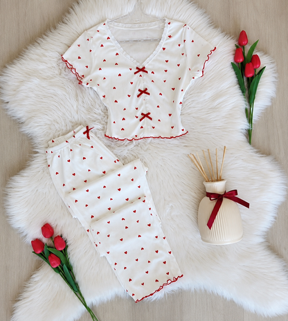 Ensemble Pyjama Côtelé Cœurs – Blanc ❤️