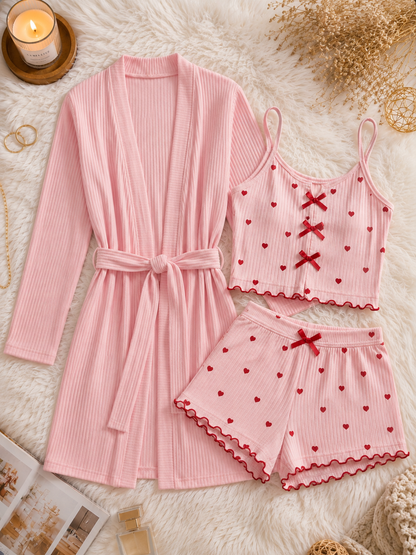 Ensemble Pyjama 3 Pièces Cœurs –  peignoire & Top, Short