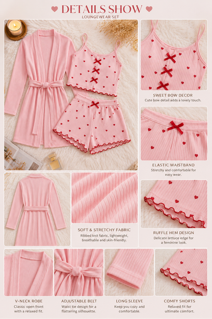 Ensemble Pyjama 3 Pièces Cœurs –  peignoire & Top, Short