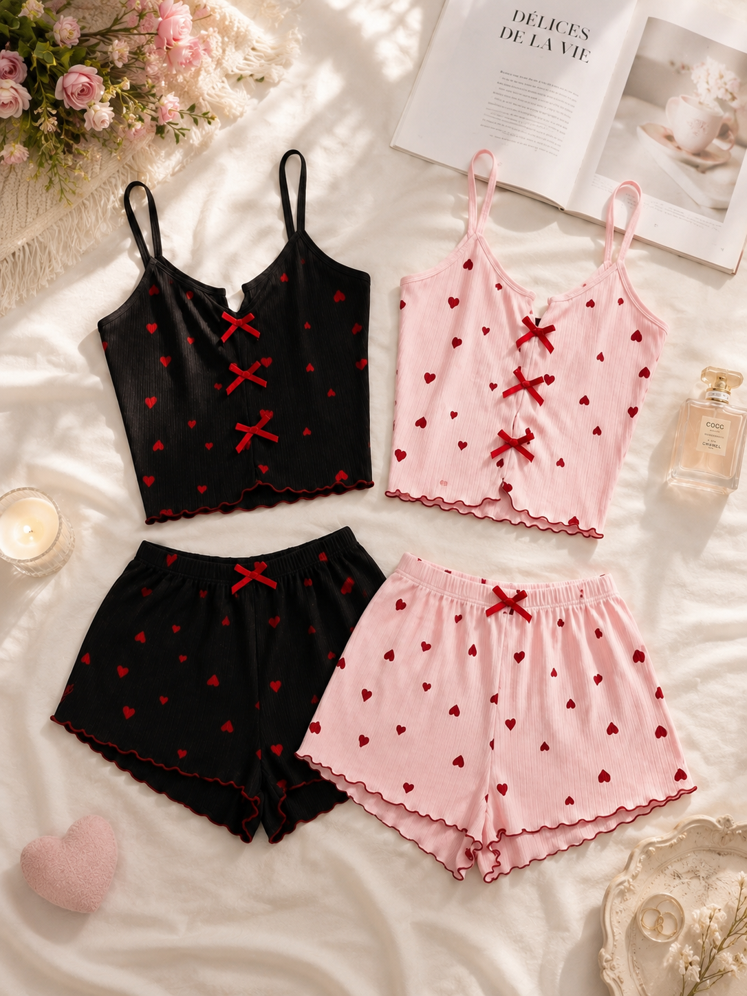 Pack 2 Pyjamas Cœurs —  Noir & Rose claire🖤🩷