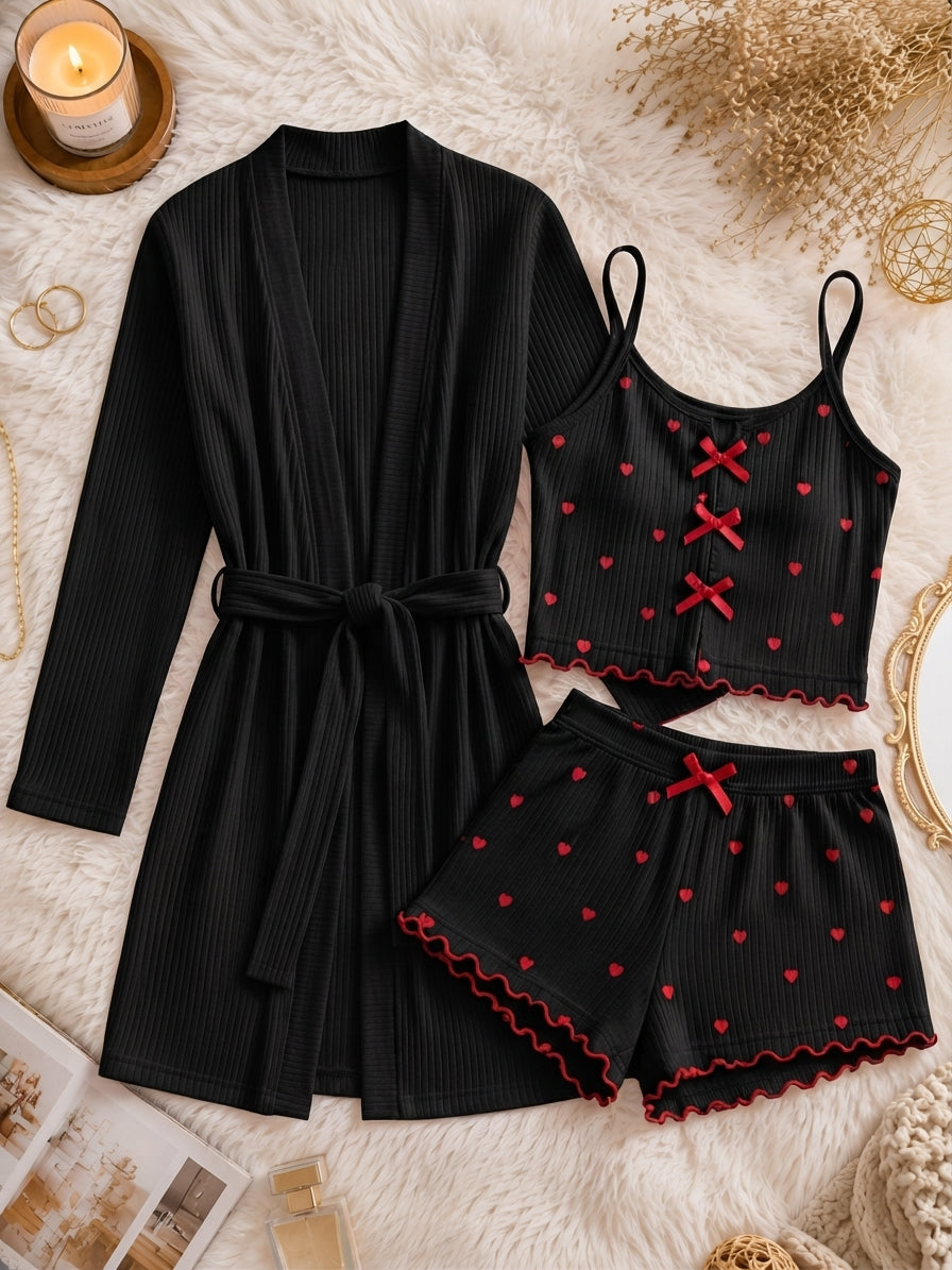 Ensemble Pyjama 3 Pièces Cœurs –  peignoire & Top, Short