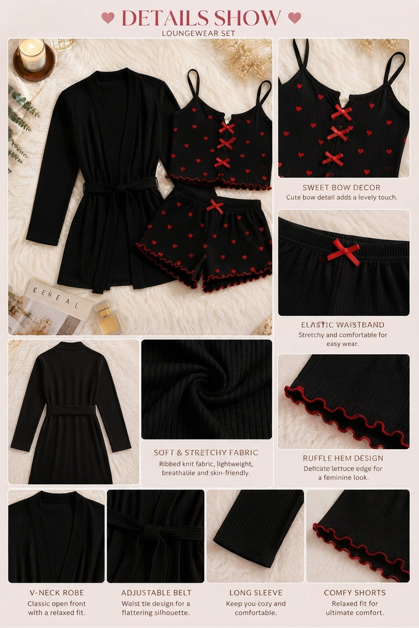 Ensemble Pyjama 3 Pièces Cœurs –  peignoire & Top, Short