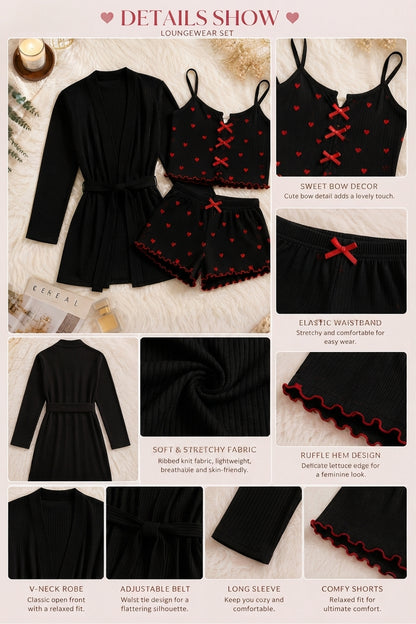 Ensemble Pyjama 3 Pièces Cœurs –  peignoire & Top, Short
