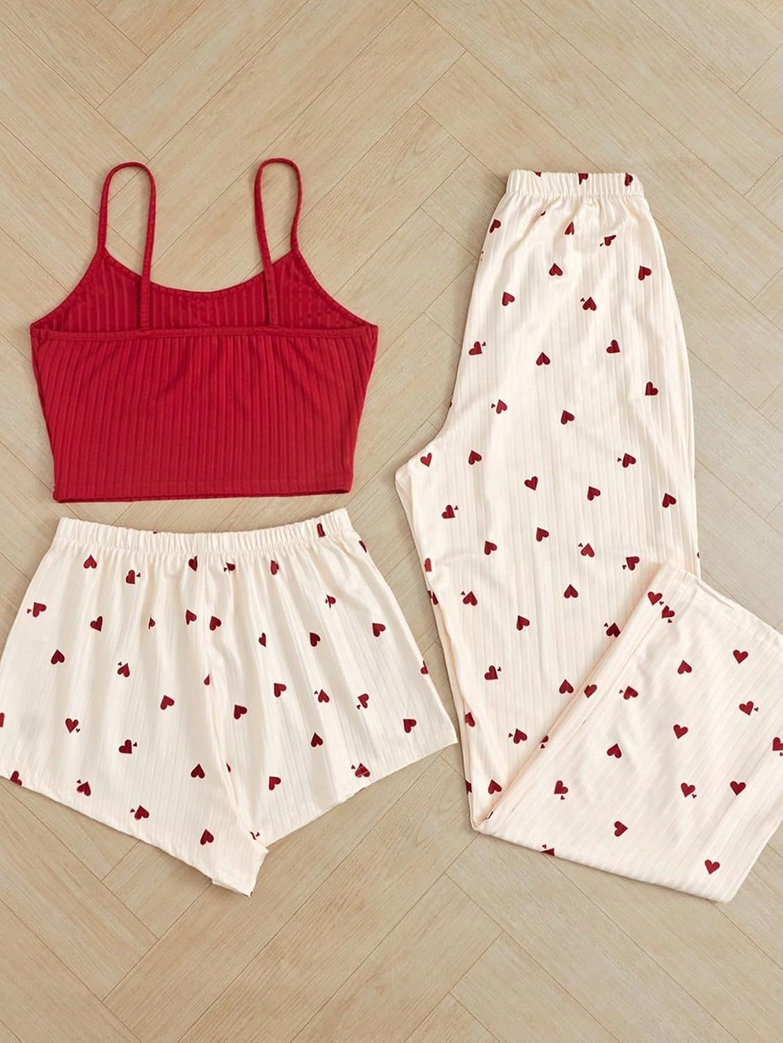 Ensemble Pyjama 3 Pièces Cœurs — Caraco + Short + Pantalon