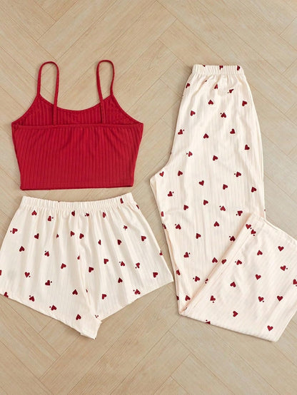 Ensemble Pyjama 3 Pièces Cœurs — Caraco + Short + Pantalon