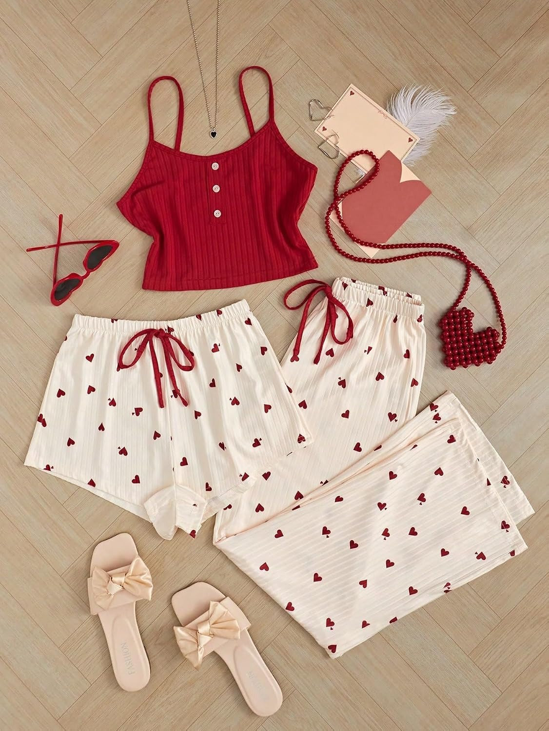 Ensemble Pyjama 3 Pièces Cœurs — Caraco + Short + Pantalon