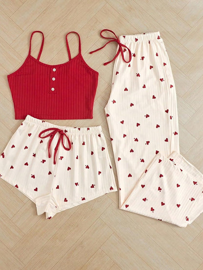 Ensemble Pyjama 3 Pièces Cœurs — Caraco + Short + Pantalon