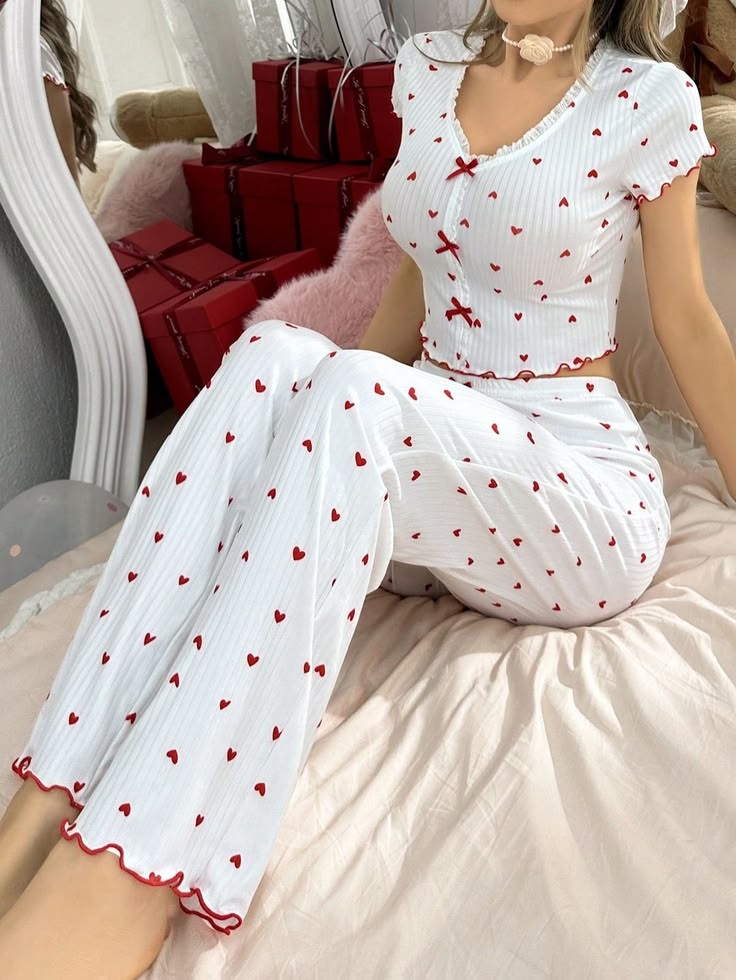 Ensemble Pyjama Côtelé Cœurs – Blanc ❤️
