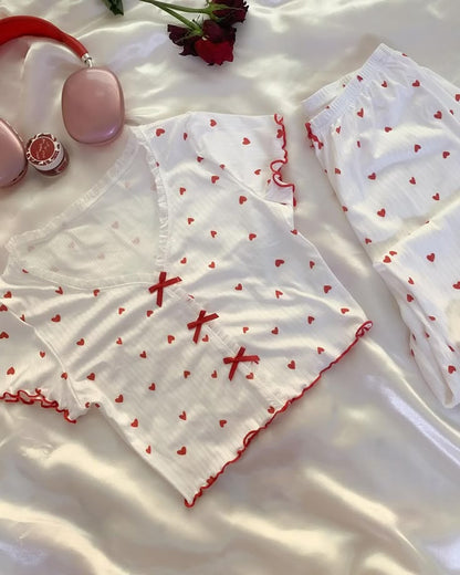 Ensemble Pyjama Côtelé Cœurs – Blanc ❤️
